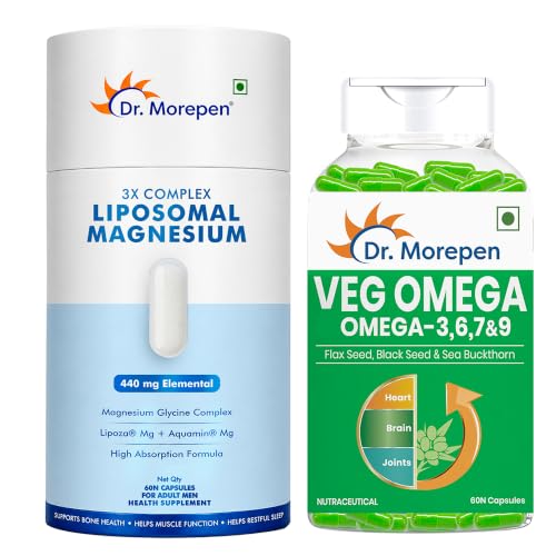 Image of Dr. Morepen Liposomal Magnesium Complex 440mg with Aquamin, Magnesium Glycinate, Vitamin D2, K2-7, B6 & B12 + Veg Omega 3 6 7 9 500mg with Sea Buckthorn, Flax Seed & Black Seed | Daily Wellness Combo
