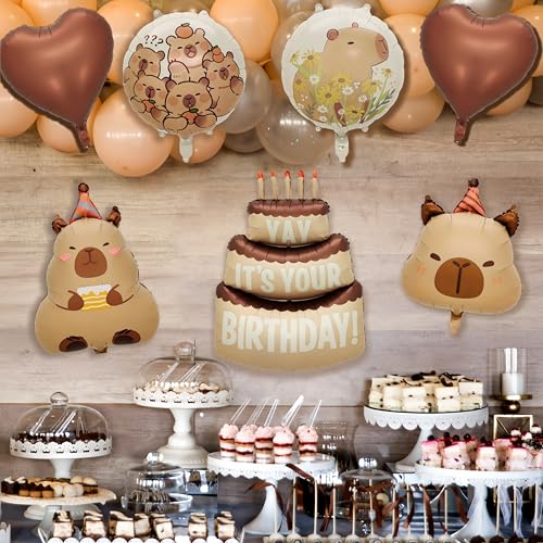 Image of Capybara Birthday Foil Balloon Set, 8-Piece Party Decor (0) | Reusable foil balloon set with capybara, cake,number . Perfect for birthday, baby shower, gender reveal & themed parties