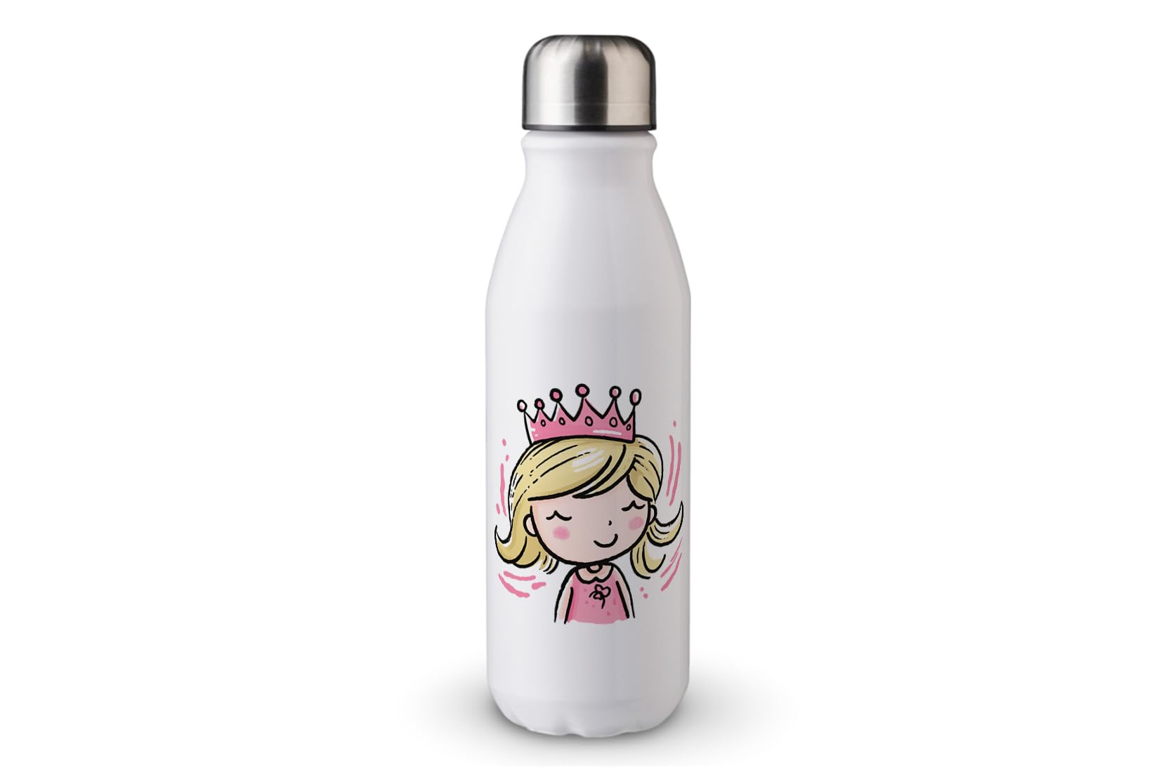 MAXIKIWI - Single Wall Water Drinking Bottle with Screw Cap, Non Insulated Lightweight Aluminium, BPA Free, Leak-Proof - Cute Princess With Tiara - 500ml