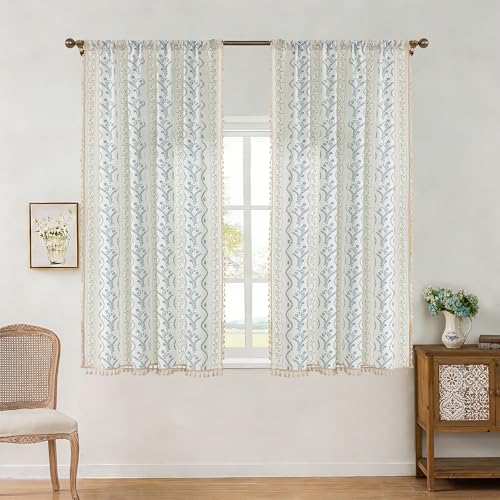 Image of Blue| Sage on White Boho Curtains 63 Inch Long for Living Room, Bedroom, 2 Panels Floral Farmhouse Vintage Tassel Semi Sheer Privacy Window Curtain Drapes with Rod Pocket
