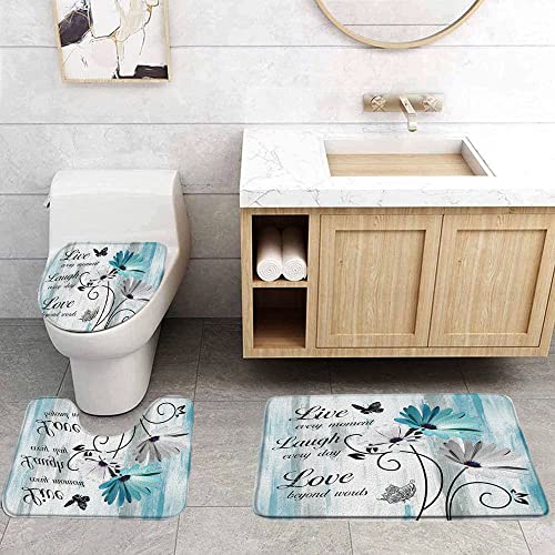 Farmhouse Floral 3 Piece Bath Rugs Set,Teal Daisy Inspirational Quotes Butterfly Rustic Wooden Turquoise Blue Bathroom Kitchen Rug with 17.8