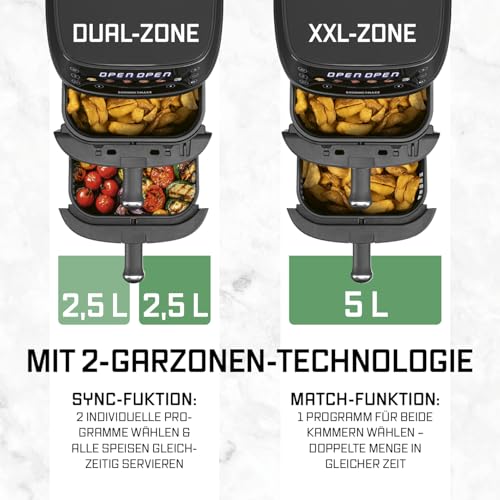 GOURMETmaxx FryUp Vertikale Doppelkammer Heißluftfritteuse XS | Airfryer mit MultiColour-LED-Touchdisplay | Heißluftfritteuse 2 Kammern, 5 L Volumen (2x2,5L) | Heissluftfritteuse Doppelkammer 2 Ebenen 5