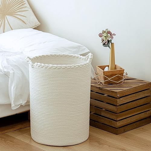 Image of ALBY Woven,Tall Wicker Laundry Basket for Blankets,Clothes,Pillows,Toys,Shoes Large Cotton Laundry Hamper for Bedroom Living Room Bathroom Nursery (72L /Extra Large16 inchD x 22 inchH, PURE WHITE)