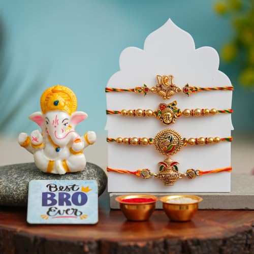 Image of CraftIndia Set of 4 Designer Rakhi with Lord Ganesha Idol & Best Bro Ever Fridge Magnet | Premium Raksha Bandhan Gift Set for Brother | Roli Chawal