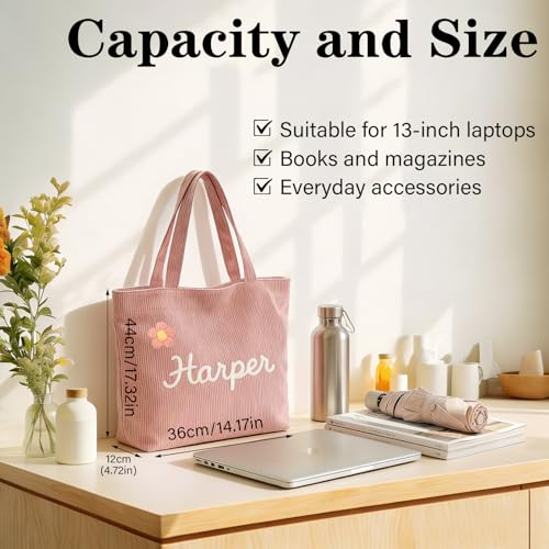 Bolso Tote de Pana Personalizado para Mujer con Flor y Cierre miniatura 3
