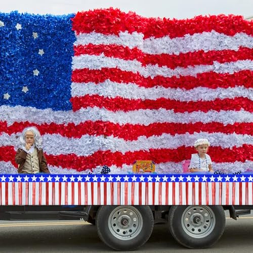 Image of 2 Strings Total 39.4 ft Patriotic Tinsel Garland - Each 19.7ft Red White and Blue Stars Fringe Garland for 4th of July, Memorial Day, Parade Float, and Party Decorations