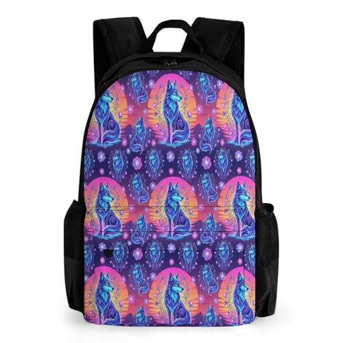 Womens Fashion Backpack, Galaxy Starry Floral Flowers Wolf Comfortable Versatile Commute Backpack with Side Pockets, Reusable Daypack for Travel