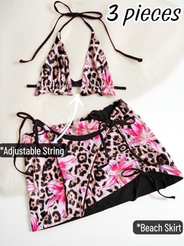 Image of ShawGobow Womens 3 Piece Leopard Bikini Set,Triangle String High Cut Thong Sexy Swimsuit & Coverup Skirt,Pool Party Outfit