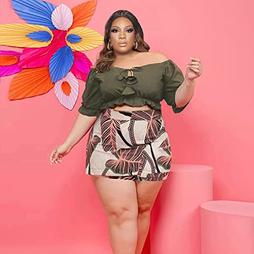 Image of Women Plus Size Skirt Two Piece Outfit Short Sleeve Off The Shoulder Crop Top shorts Dress Suit Set