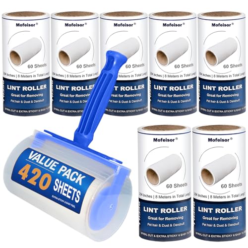 420 Sheets Lint Rollers for Pet Hair Extra Sticky, 7 Packs Sticky Roller for Clothes, Dog Hair Remover, Lint Brush for Furniture