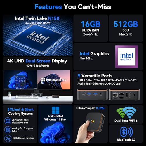 Image of Huidun H50 Mini PC W-11Pro,3-Year Warranty, N150(Beat N97 /N95, up to 3.60 GHz),8GB RAM 256GB M.2 SSD Mini Computer, Dual 4K Display, WiFi 6, BT 5.2, Dual Gigabit Ethernet, Office /Home /School