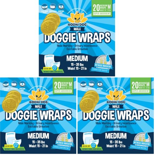 Image of Bodhi Dog Disposable Male Dog Diapers - Super Absorbent, Leak-Proof Pee Wraps - Adjustable Fit, Comfortable Design, Advanced Moisture Control, and Wetness Indicator - Medium (20 Count) (Pack of 3)