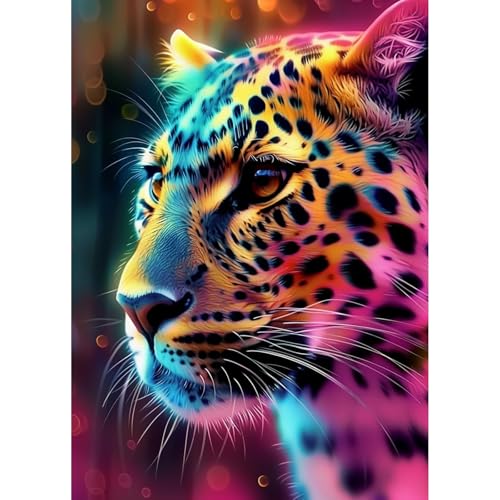 Image of HEIBAGO Leopard Diamond Art Kits for Adults, Animal Diamond Painting Kits for Adults Beginners, 5D Full Drill Round Diamond Art Painting, DIY Diamond Dots for Adult for Home Wall Decor 12 x 16 Inch