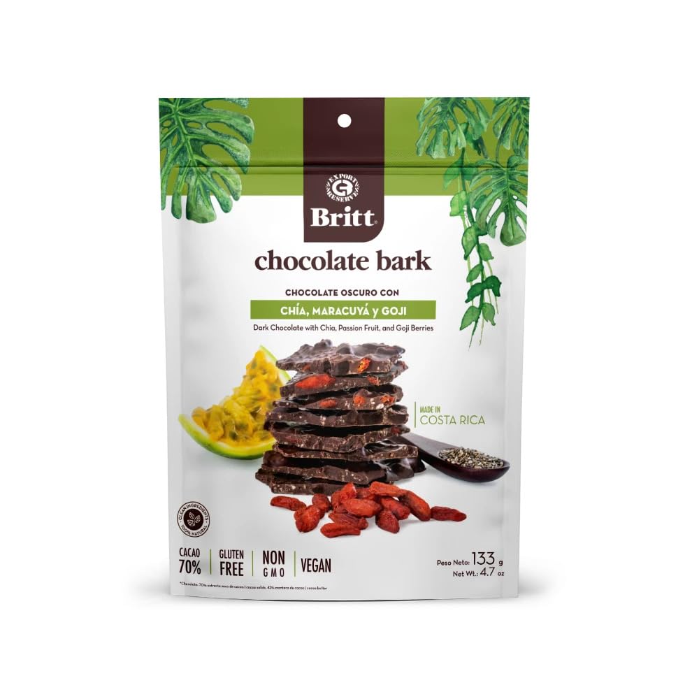 Britt Chocolate Bark with Chia, Passion Fruit & Goji - Dark Chocolate 70% Cacao - Gluten-Free, Vegan, Non-GMO - Made in Costa Rica - 4.7 ounces (1