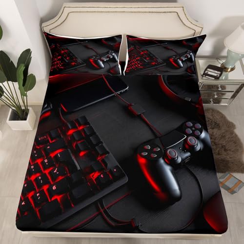 Gaming Bedding Sets Queen, for Boys Teens Kids Black Red Gamepad Gamer Fitted Sheet, Modern Sci-Fi Style Game Console Player Gaming Video Games Fitted Bed Sheets, Not Include Flat/Top Sheet