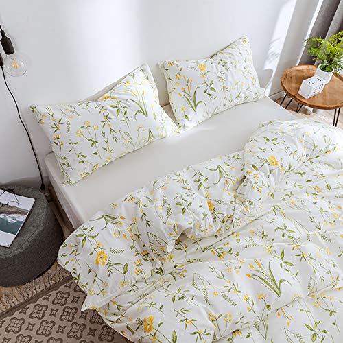 Lurson White Botanical Floral Duvet Cover Set Full Queen Size 100 Organic Cotton Boho Floral Bedding Set Yellow Green Flower Printed Reversible Comforter Quilt Cover Zipper Closure 3 Pieces (Hh,Q) #TOP1