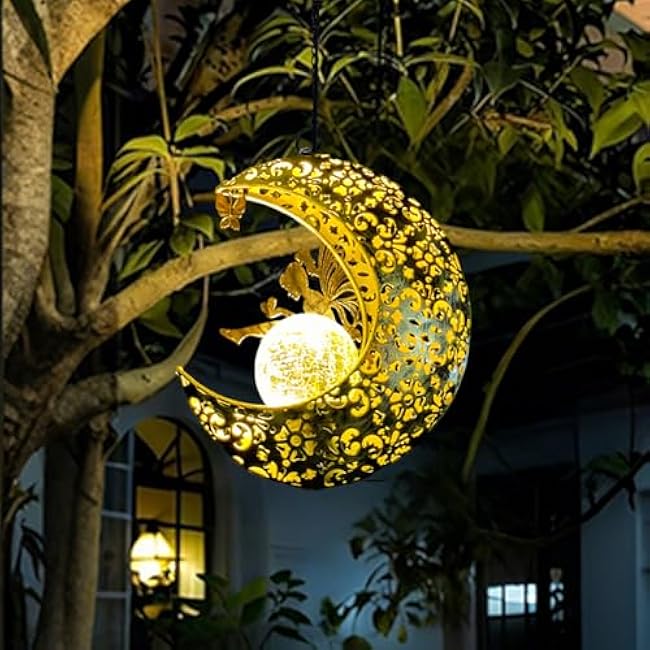 Solar Garden Fairy Statues Decor Hanging Lights,Outdoor Moon Decorations Metal Yard Art,Housewarming for Patio,Wall,Fences,Trail,Great Gift Idea for Gardening Mom and Grandma