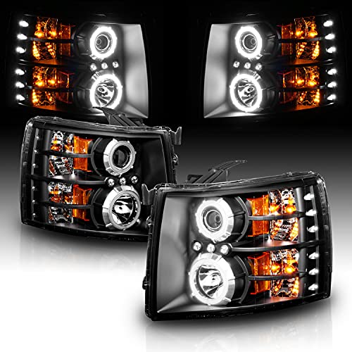 AmeriLite 2007-2013 for Chevy Silverado 1500 2500HD 3500HD: 2014 Silevrado 1500 Extreme Bright Dual LED Halos Black Headlight Set