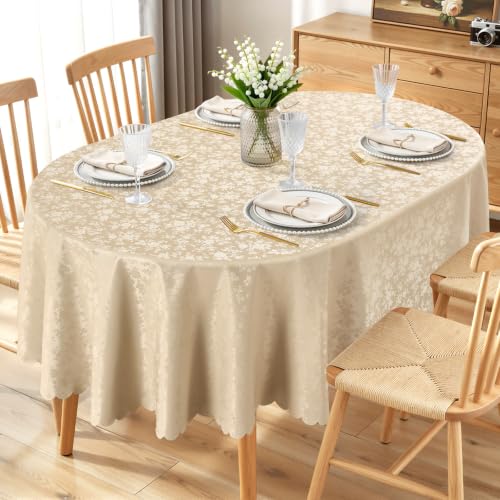 Image of Smiry Oval Waterproof Heavy Duty Vinyl Tablecloths, 60 x 102 Inch | Wipeable Washable Floral Embossed Table Cover for Kitchen and Dining Room, Indoor & Outdoor Use, Champagne