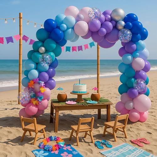 Image of 148pcs Stich Blue Purple Pink Balloon Arch Garland Kit Silver with Palm Leaves Foil Star for Hawaii Tropical Cartoon Summer Pool Theme Party Gender Reveal Decorations (Pack of 2)
