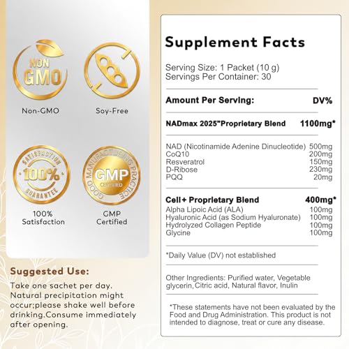 Image of NAD+ Liquid Supplement 1500mg - NAD Nicotinamide Riboside & Resveratrol with PQQ CoQ10, NAD Plus Help Support Absorption - Boosts Cellular Energy, Overall Vitality for Women & Men (30 Packets)