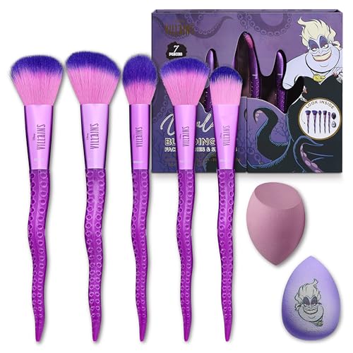 Disney Ursula 7PC Makeup Brush & Blender Set All-over Highlighter Concealer and Eyeshadow Brush 2 Beauty Blender Sponges for women and girls by Belle Maison