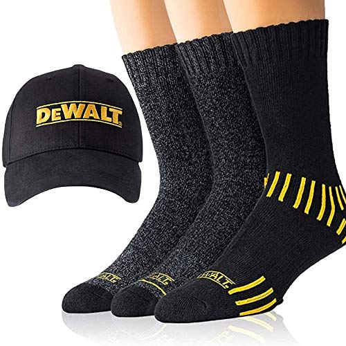 DeWALT Men's Cotton Blend Crew Socks & Ball Cap (3 Pairs, Black) for Work, Casual, Athletic, Hiking (Fits 10-13) Indoor, Outdoor Thermal Socks - Eliminate Odor, Wick Moisture & Breathable
