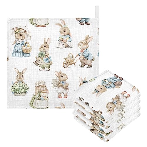 Image of vvfelixl Easter Rabbits Bunny Baby Burp Cloths Baby Muslin Washcloths for Boys Girls Cotton Baby Face Towel for Newborn Infants Soft and Absorbent 11.8 X 11.8 in, 5 Pack