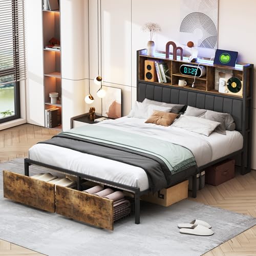 Metallbett 160x200 cm mit 2 großen Schubladen, Doppelbett Polsterbett mit LED-Kopfteil und USB-Anschluss, Schubladenbett Stauraumbett Jugendbett, Design in Vintage Braun+Schwarz (Typ B, 160x200cm) Metallbett 160x200 cm mit 2 großen Schubladen, Doppelbett Polsterbett mit LED-Kopfteil und USB-Anschluss, Schubladenbett Stauraumbett Jugendbett, Design in Vintage Braun+Schwarz (Typ B, 160x200cm)