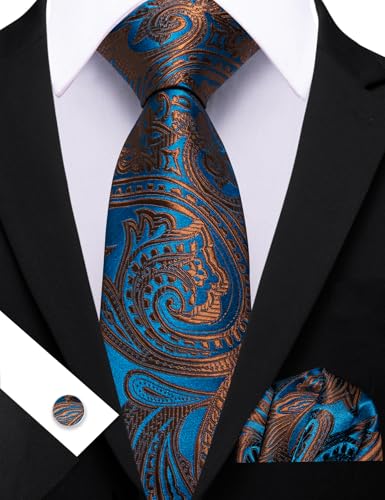 Image of Barry.Wang Men Ties Paisley Woven Silk Necktie Set with Pocket Suqare Cufflinks Formal