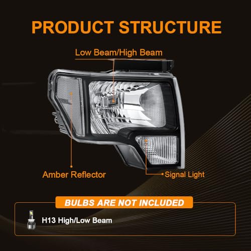 Image of Headlight Assembly for 2009-2014 Ford F150 Driver Left & Passenger Right Side Replacement Black Housing Clear Reflector