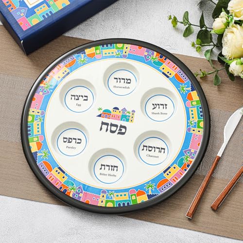 Hushee Ceramic Elegant Seder Plate Passover Plate Round Renaissance Design Ceramic Plate Passover Decorations with Gift Box for Kids Adults (Castle Style) - Thumbnail 4