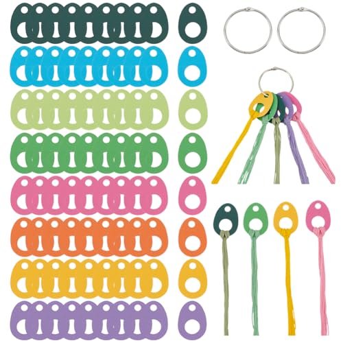 Image of BENECREAT 80Pcs 8 Colors Paper Thread Drops, 1.97x1.4Inch Teardrop Floss Bobbin Drops Cross Stitch Thread Organization with Iron Floss Ring for Craft DIY Sewing Storage