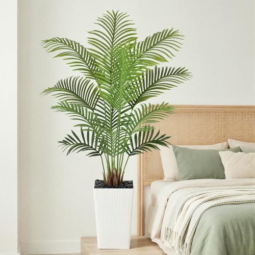 Image of 5ft Artificial Palm Tree with White Planter - Tall Fake Palm Tree Indoor Fake Tropical Plant for Home Office Living Room Bedroom Modern Decor