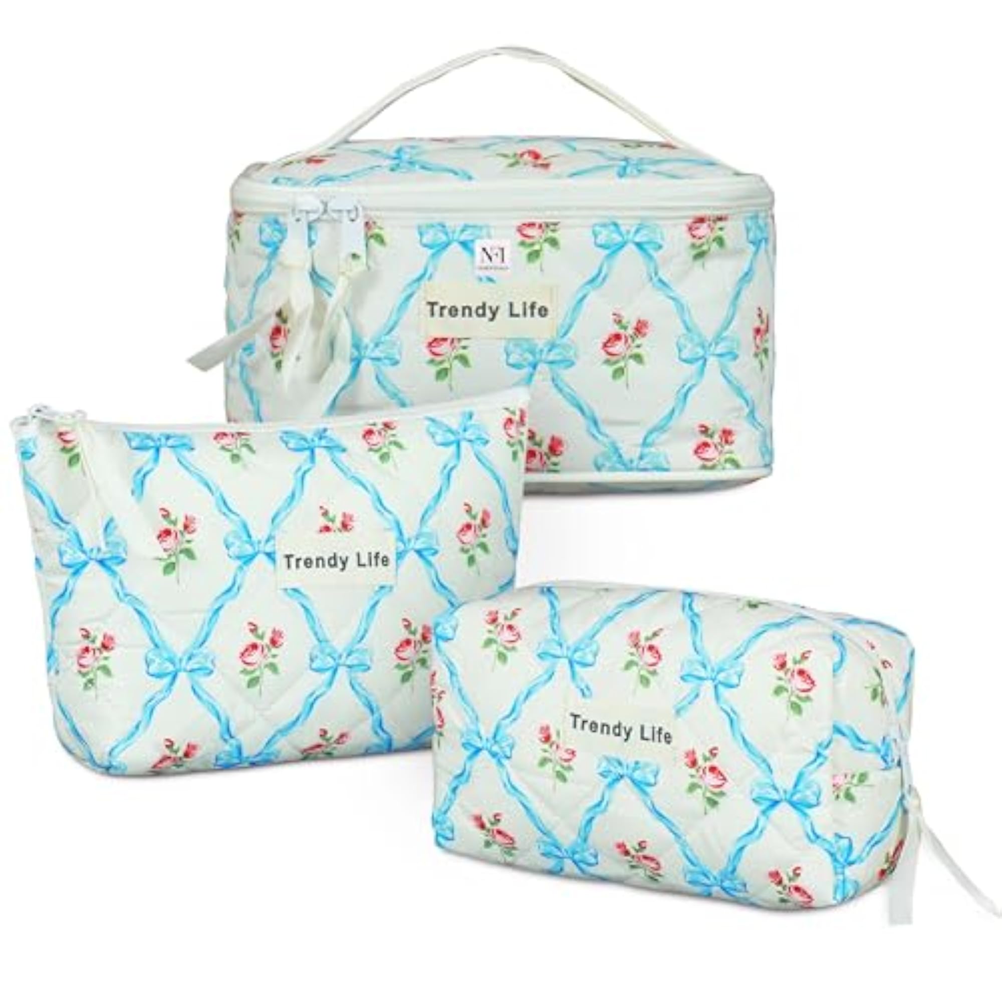 3 Pc Cotton Quilted Makeup Pouch Set, Travel Toiletry Organizer