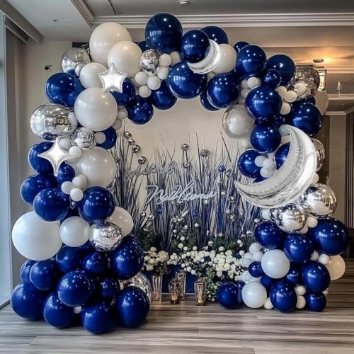 Image of Navy Blue Balloon Garland Arch Kit Double Stuffed Royal Blue Star Moon Balloons for Birthday Baby Shower Over the Moon Prince Graduation Wedding Space Astronaut Galaxy Party Decorations