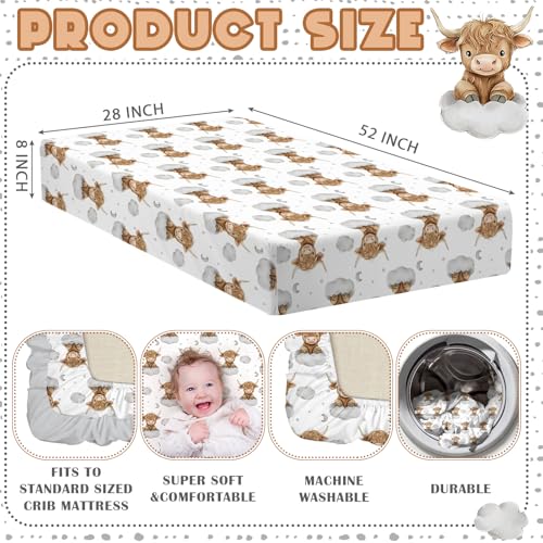 Image of Peryiter 2 Pack Highland Cow Baby Crib Sheets for Boys Girls Western Bed Sheet Set Fitted 52'' x 28 inch for Standard Crib Mattress Stretchable Soft Toddler Aesthetic Nursery Decor