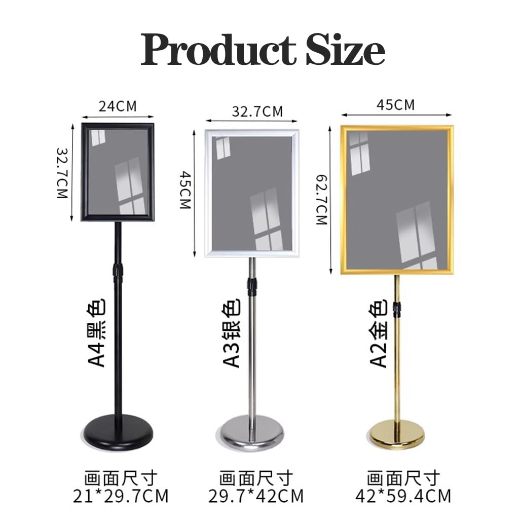 WIGSELBL Soporte de pie para carteles, soporte para carteles de menú para visualización vertical y horizontal, estante ajustable para anuncios con base estable (dorado, A3)