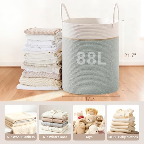 Image of 88L Large Tall Cotton Rope Laundry Basket with Handles, Sage Green