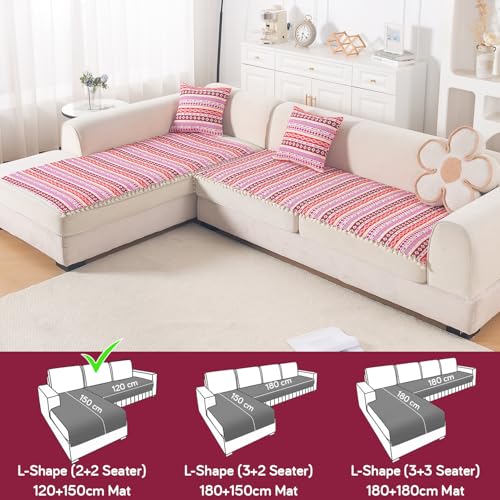 Image of HOKIPO L Shape (2+2 Seater) Sofa Cover Seat Mat | 300 GSM Cotton Acrylic Jacquard Fabric with Tassel, 'Trivana Series' Hot Pink (IN-934+935-J3)