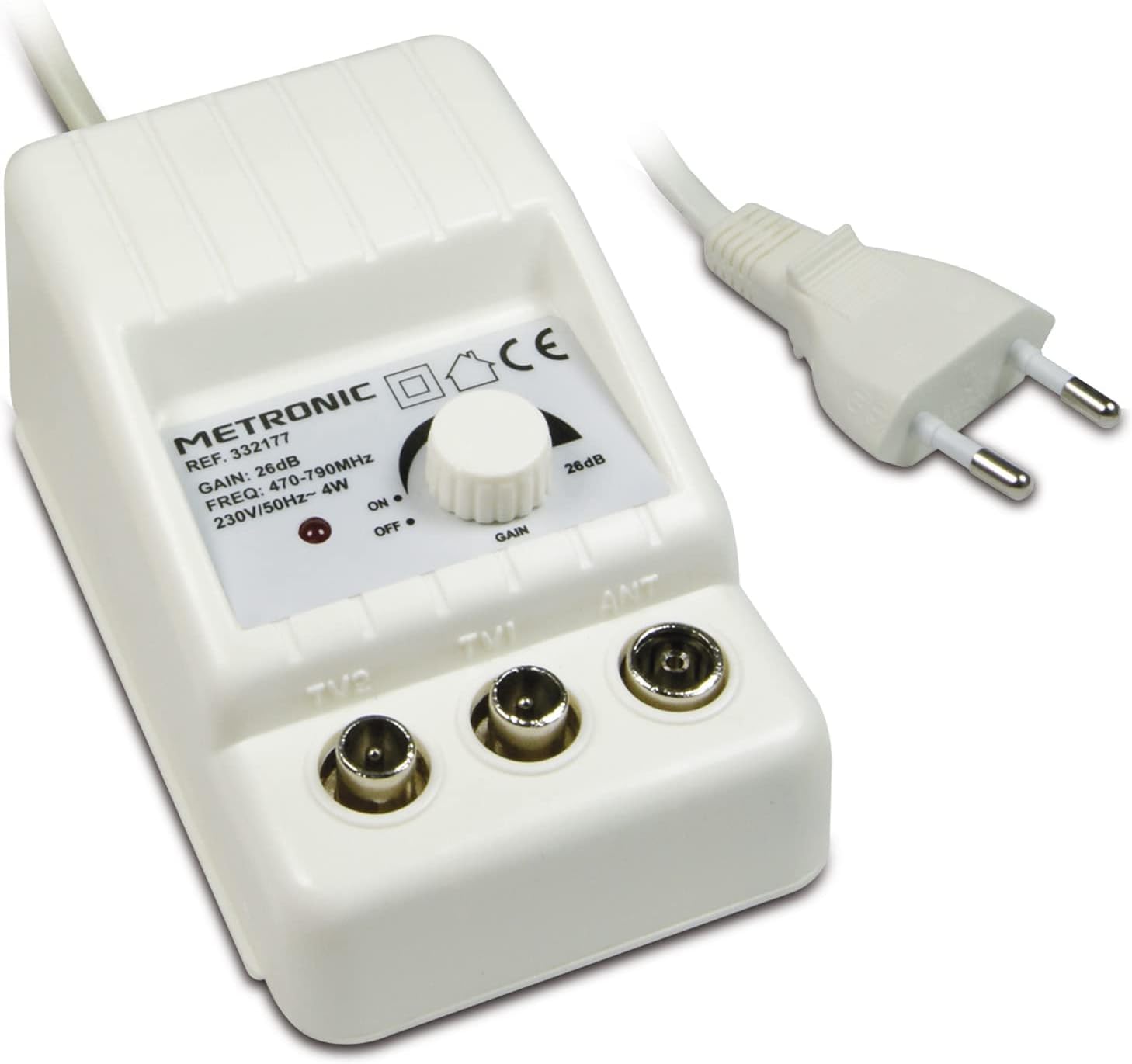 Metronic 332187 Amplificateur TV FM/VHF/UHF numérique terrestre avec Filtre 5G 2x24dB réglable, 1 entrée/2 Sorties, intérieur, 47/694MHz, Blanc