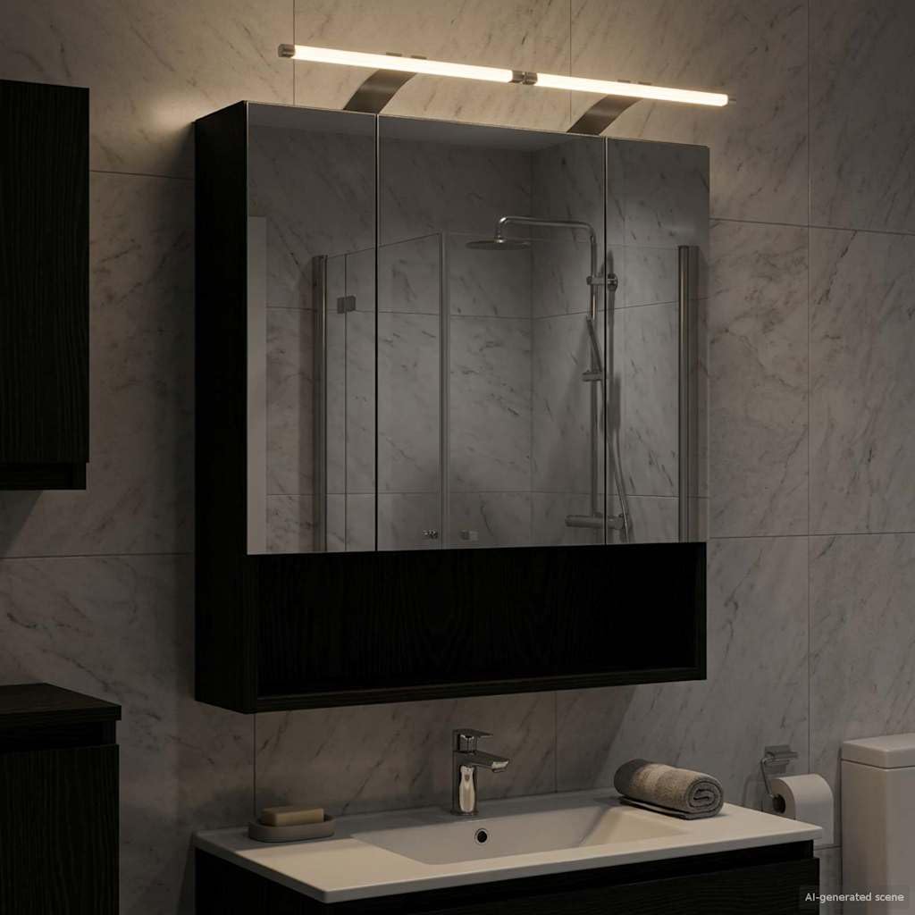 Szafka łazienkowa z lustrem w kolorze czarnym o wyglądzie dębu, 60 x 14,5 x 70 cm, materiał drewnopochodny z miejscem do przechowywania i 2 półkami, montowana na ścianie, z paskami LED i
