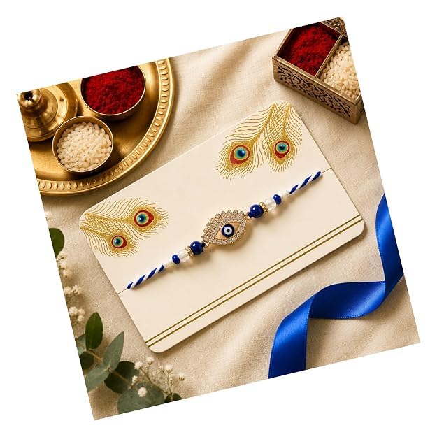 Image of PRINT BHARAT Rakhi for Brother with Coaster, Kumkum & Chawal | Traditional Beaded Thread Rakhi with Royal Kalai Thread | Raksha Bandhan Gift Hamper