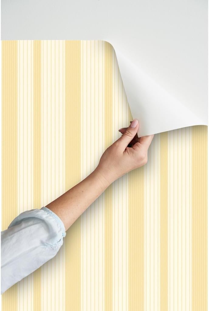 Peel & Stick Wallpaper 3ft x 2ft - French Ticking Stripe Yellow Cream Cosmic Latte Country House Custom Removable Wallpaper by Spoonflower