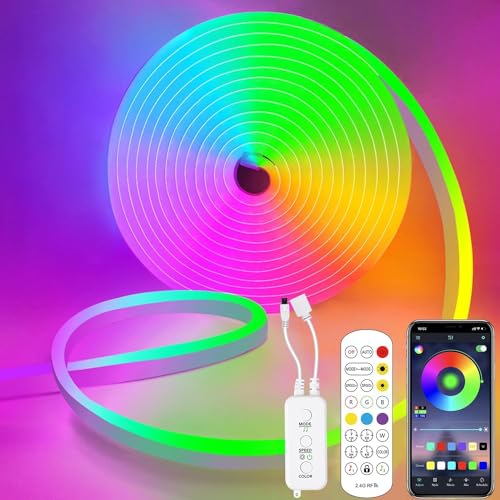 MIWATT Neon LED Strip Lights, Music Sync Flexible Neon Rope Lights Color Changing, Control with App/Remote Multiple Modes IP67 Waterproof LED Neon Lights for Bedroom Indoor Outdoor Decor (5M, RGB)