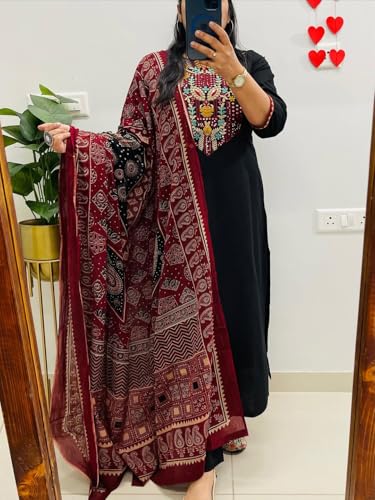 Image of ANNI Designer Women's Rayon Viscose Embroidered Straight fit Kurta with Pant and Printed Dupatta Set | Elegant Ethnic Kurta Pant Dupatta Set for Women | Festive Office Casual Wear