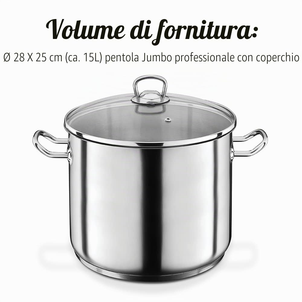 GSW 643437 Profi – Pentola con coperchio in vetro, 15 litri, Acciaio inox, Colore Argento, Diametro 28 cm