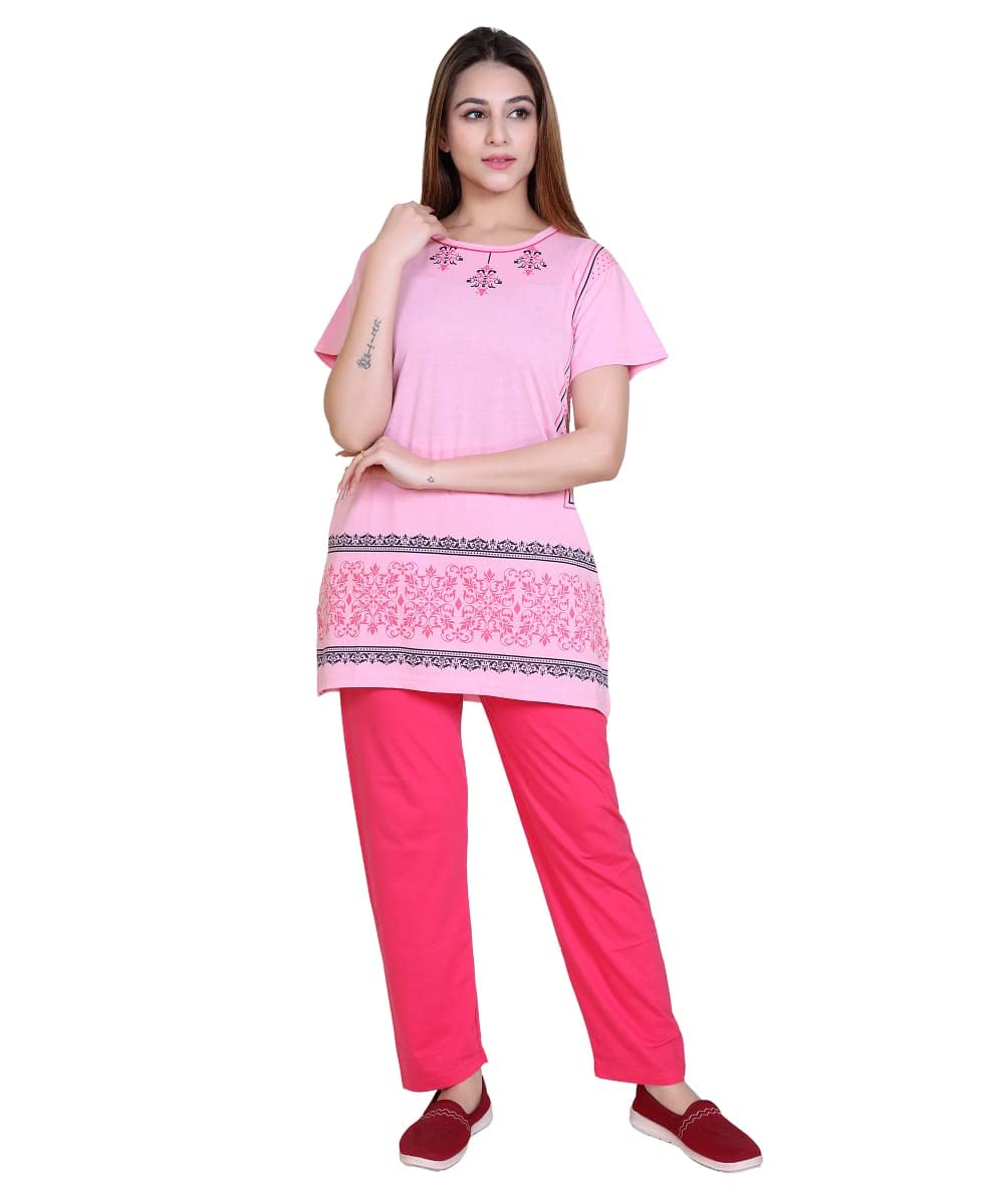 new crush Women's Cotton Printed Long Night Suit Set of Long Top & Pyjama (Light Pink)-picture-51