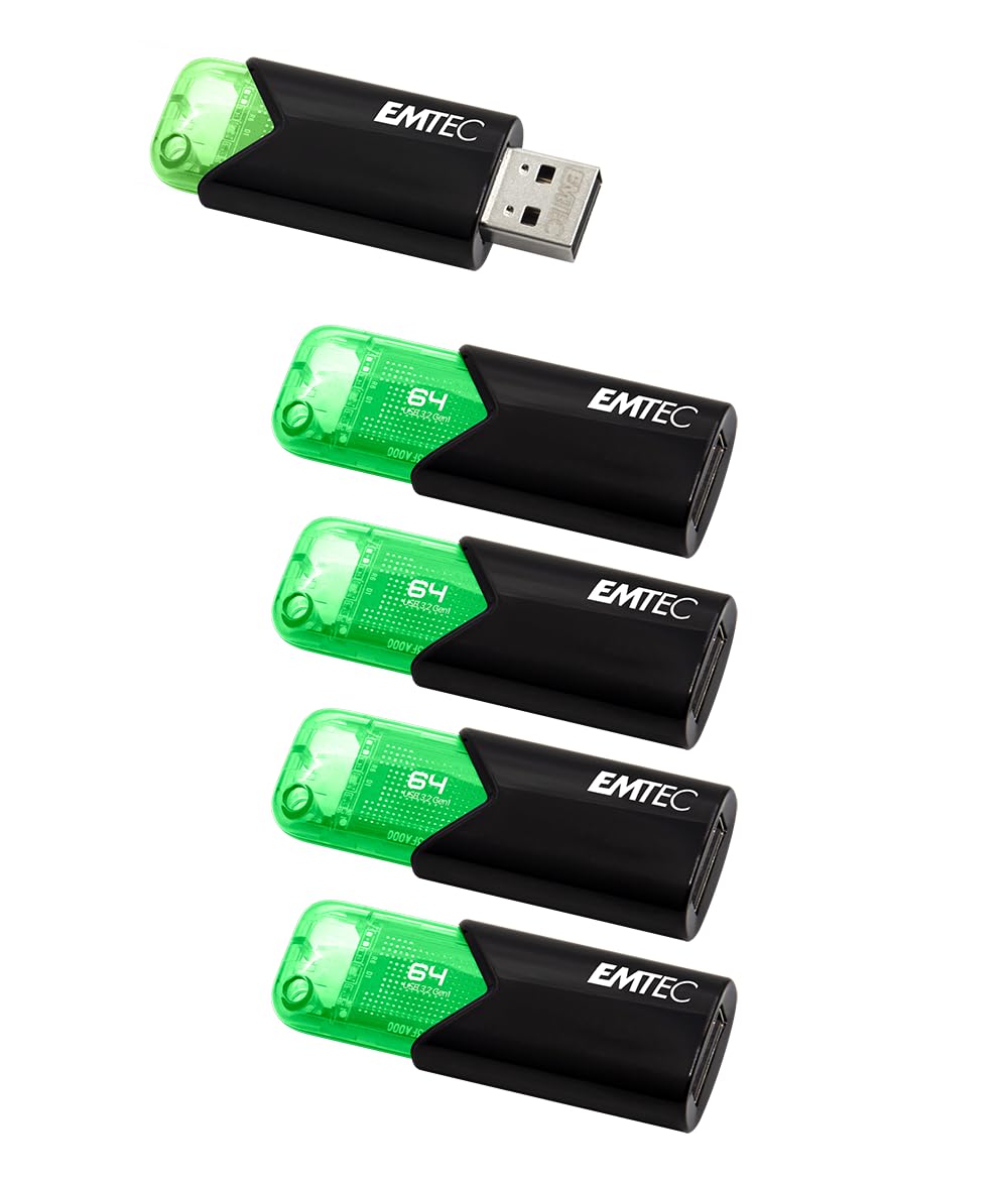 EMTEC - Lot de 5 Clés USB 2.0 Click Easy B110 64 Go - Plastique - Mécanisme rétractable - Stockage de données, Transfert de fichiers, Informatique - Vert