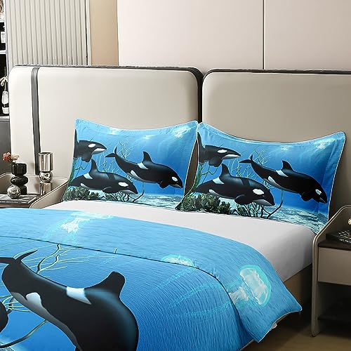 Pure Cotton Killer Whale Bedding Sets Orcinus Orcas Comforter Cover The Underwater World Jellyfish Duvet Cover Set for Kids Boys Girls Deep Sea Animals Marine Life Quilt Cover Child Room Decor Single - Image 4